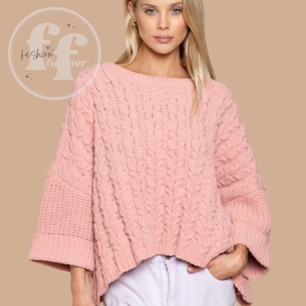 POL Comfy Oversized Soft Pink Chenille Cable Knit Pullover Sweater Top